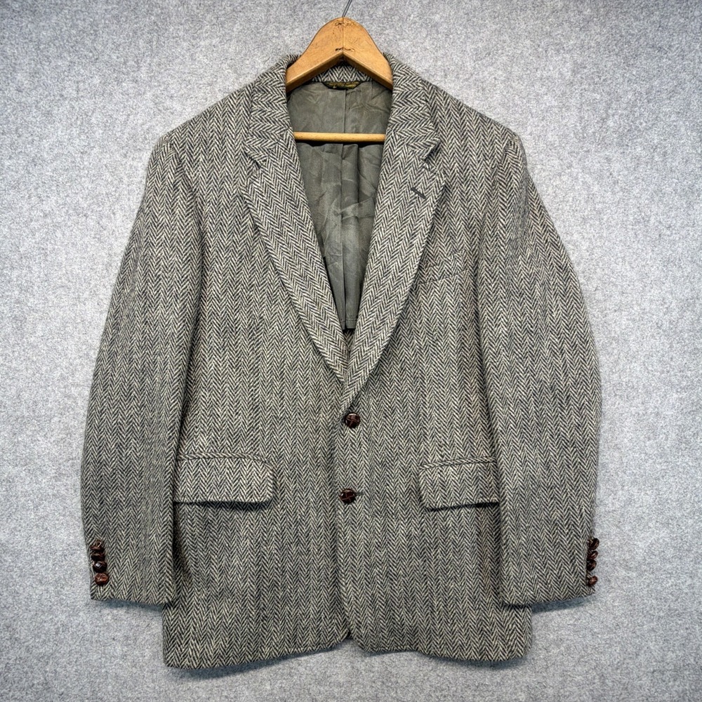 Harris Tweed Blazer Jacket 40R Men's Grey Beige Herringbone Wool